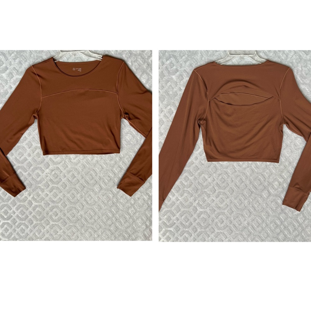 Aerie Women’s Cropped Top Back Cut Out Long Sleeve Stretchy Blouse Brown Size L